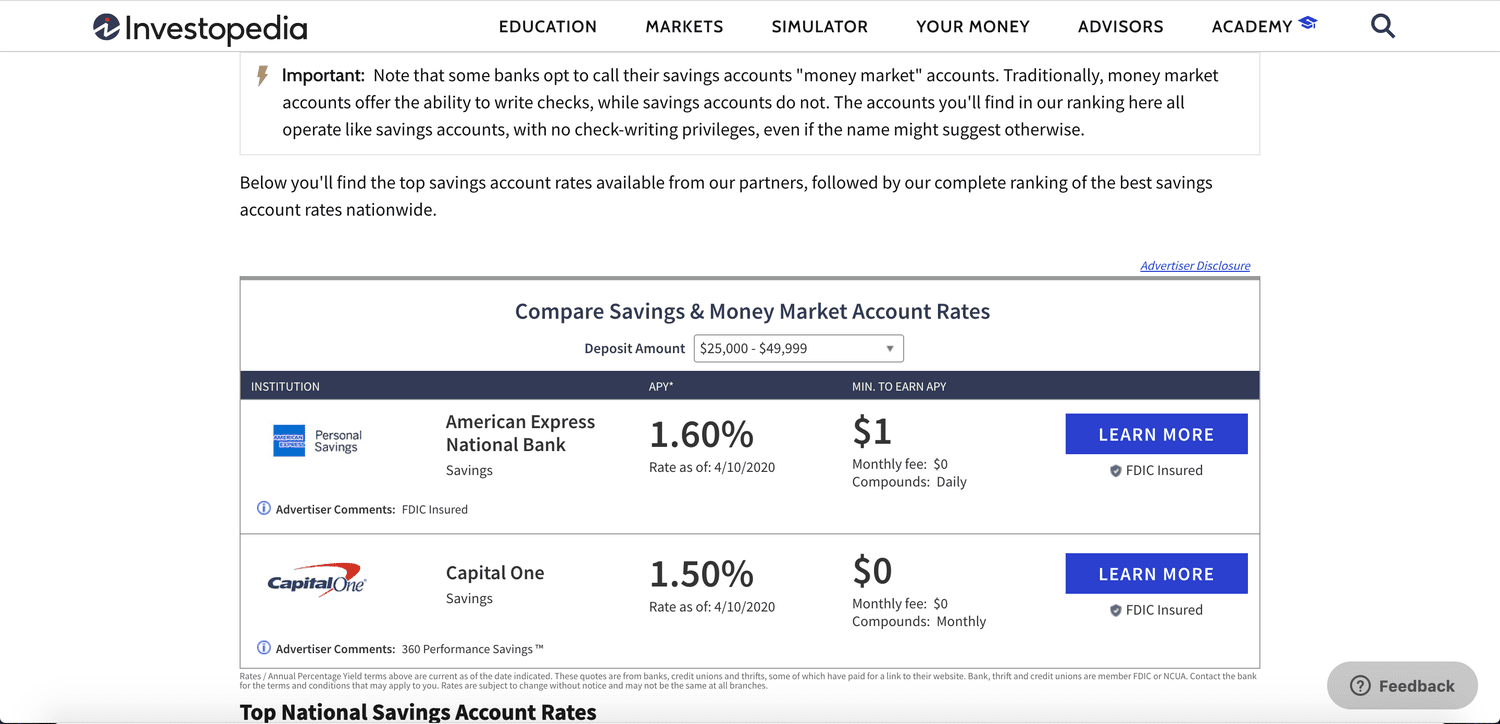 screenshot of comparison ad table