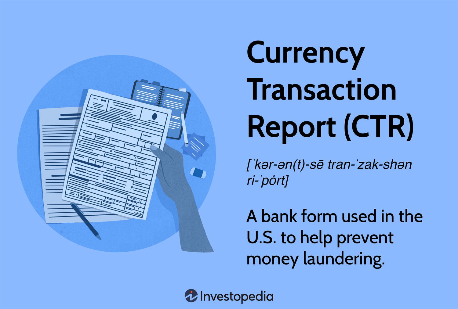 Currency Transaction Report (CTR): A bank form used in the U.S. to help prevent money laundering.