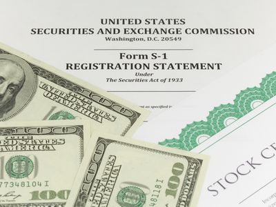 A closeup image of SEC Form S-1 Registration Statement, stock certificates, and hundred dollar bills.