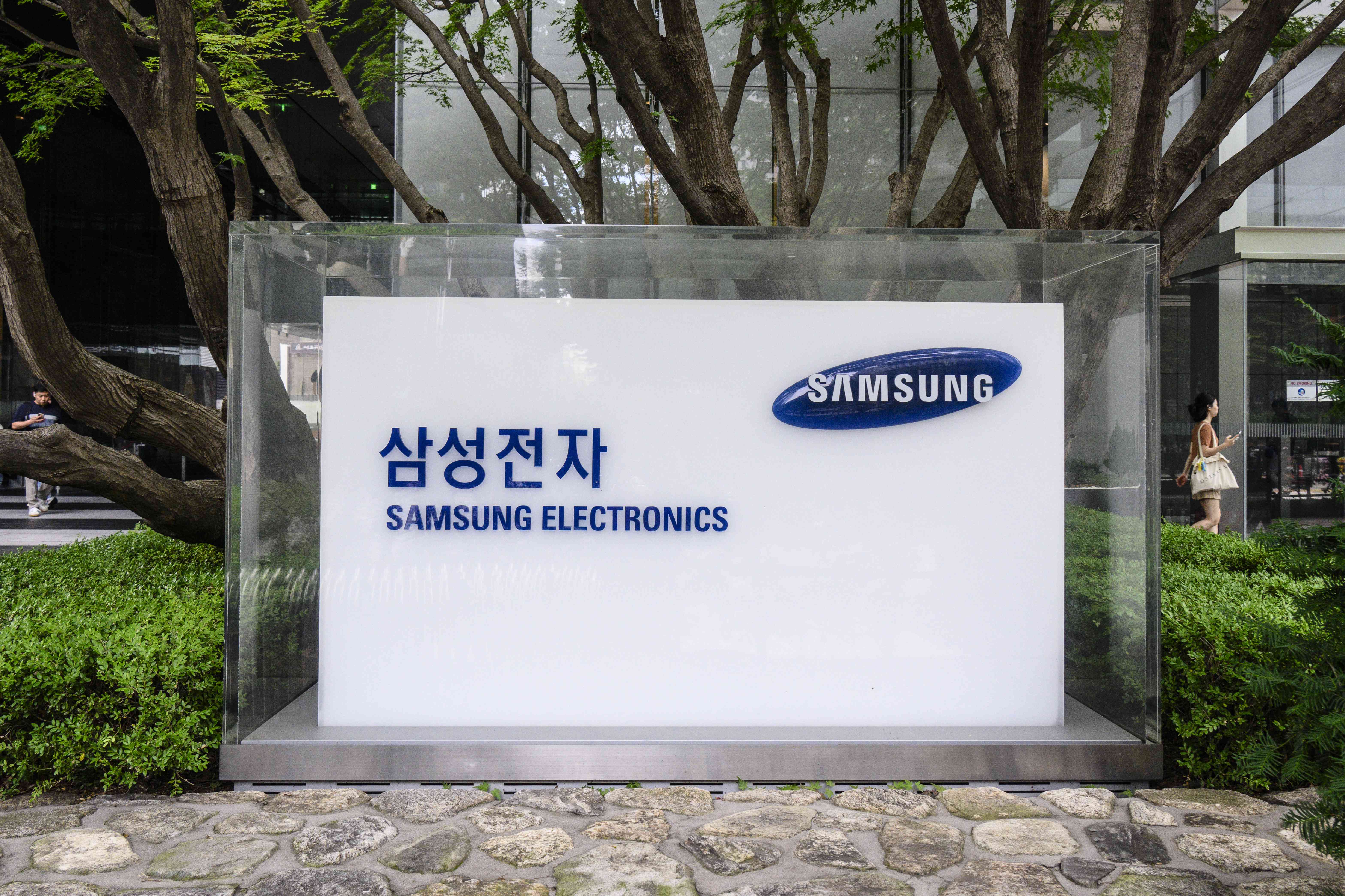 Samsung Electronics signage is displayed outside the company's Seocho building in Seoul on July 31, 2024