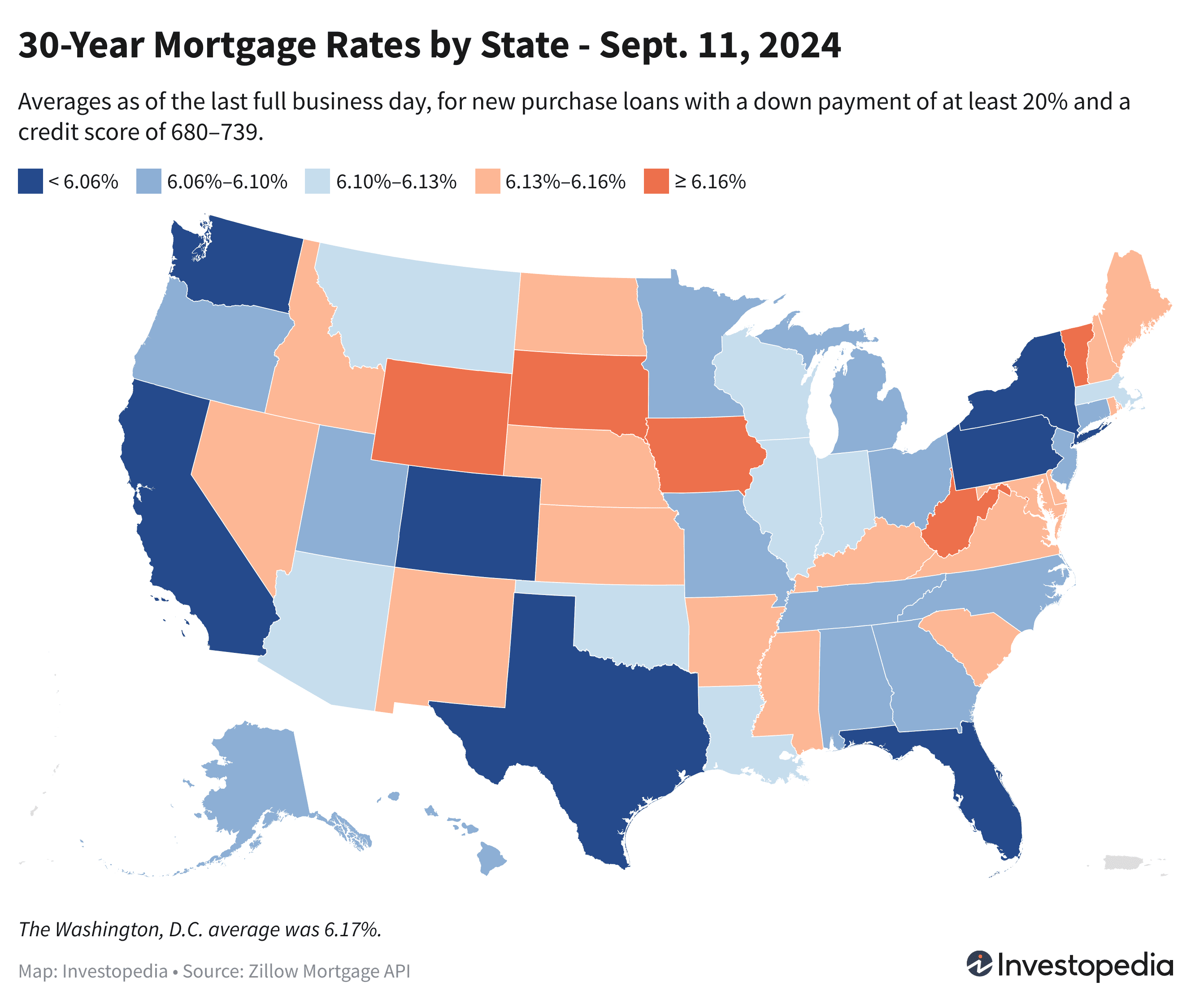 U.S. map showing the 30-year mortgage rates for every state - Sep. 11, 2024