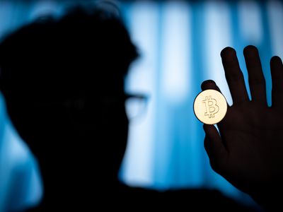 A silhouetted person holds up a bitcoin.