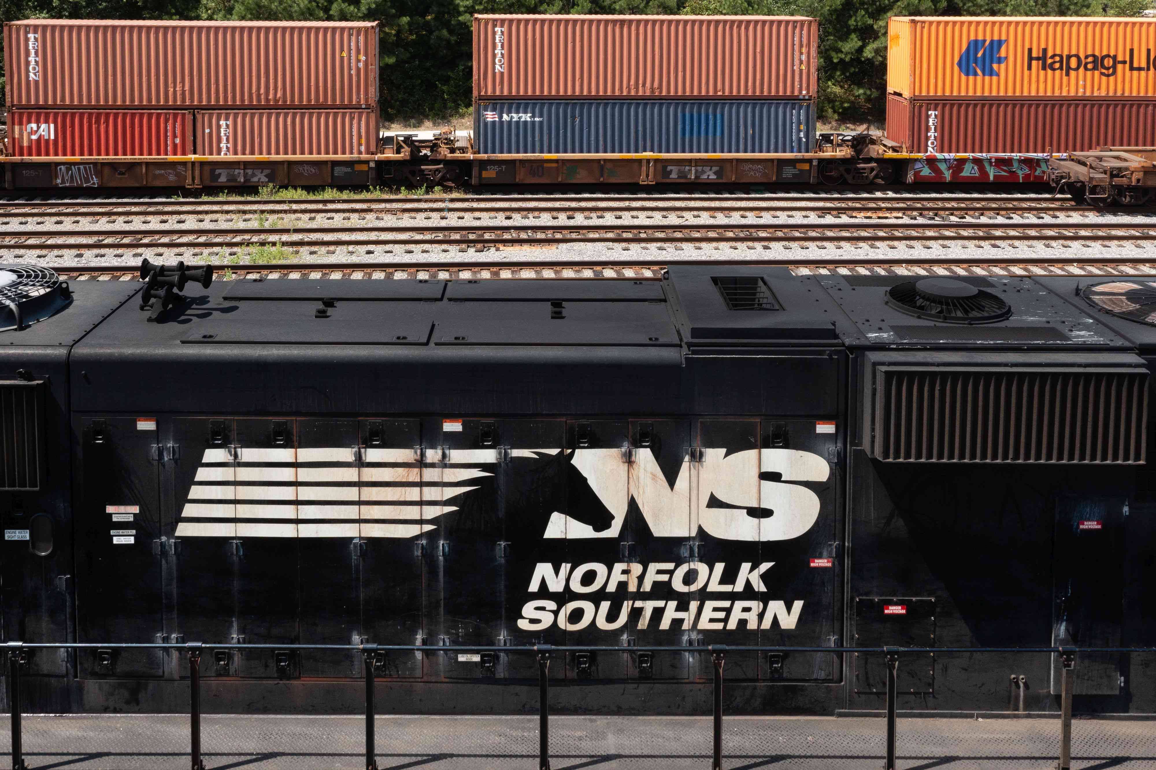 Norfolk Southern cargo train in a rail terminal