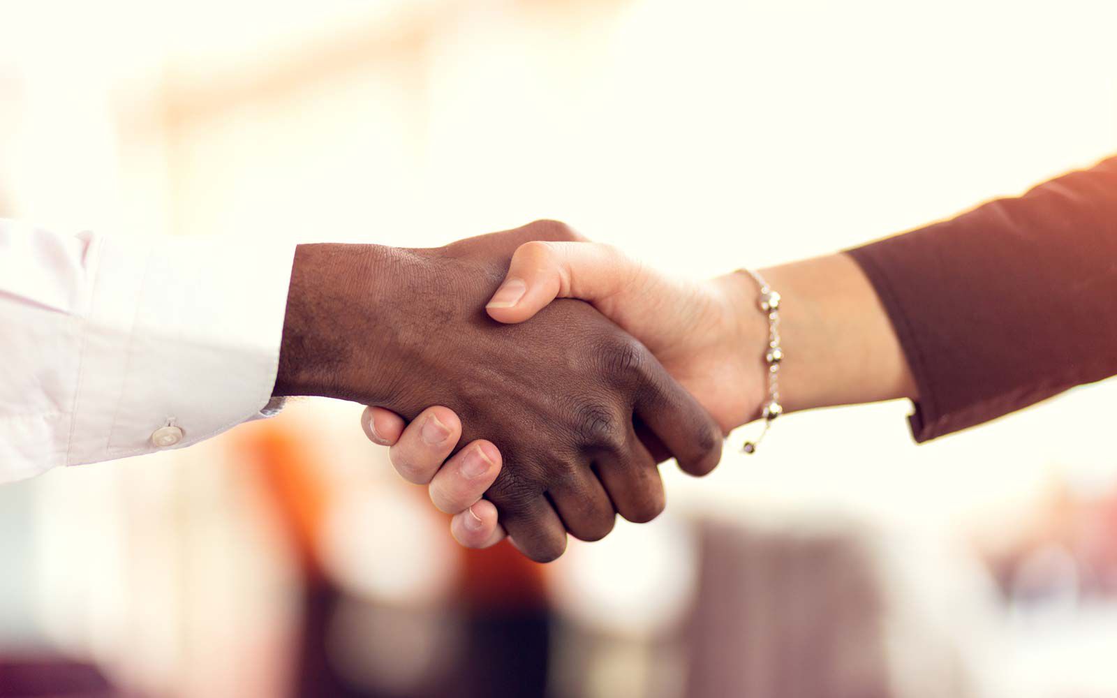 Closeup of White and Black shaking hands over a deal