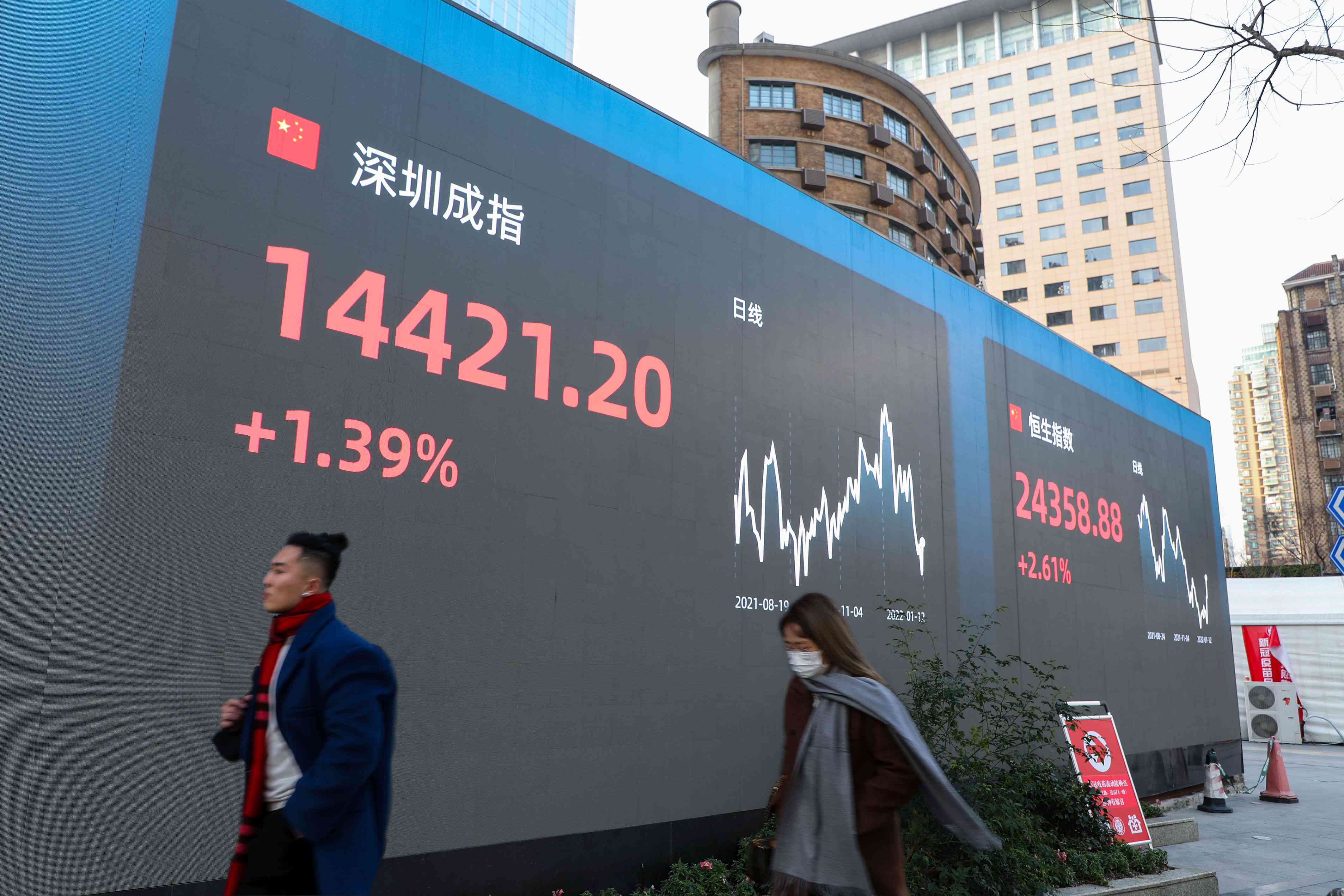 People walk past an electronic screen showing Shenzhen and Hang Seng stock index prices in Shanghai