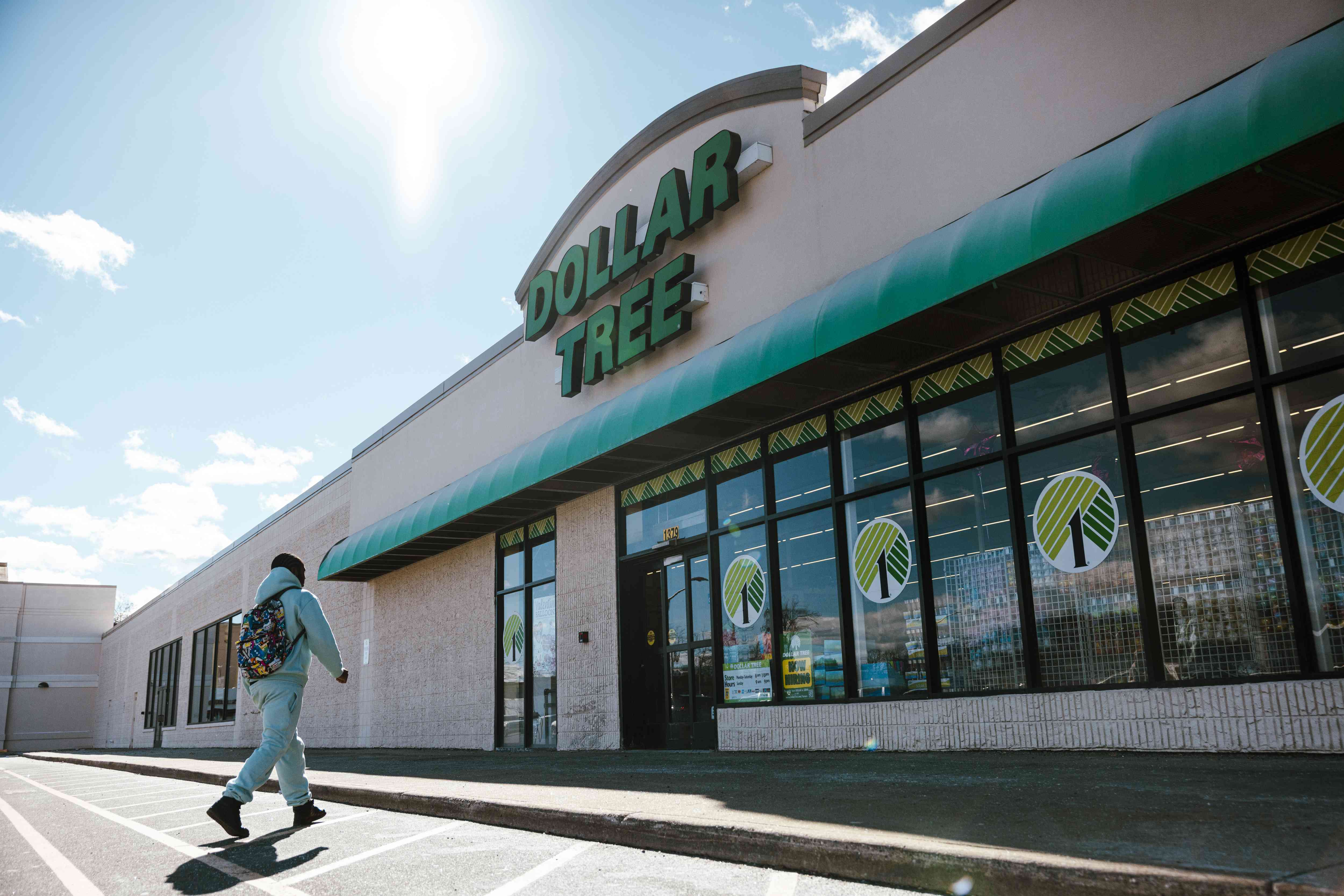 A person walks toward a Dollar Tree store in Kingston, N.Y., in February