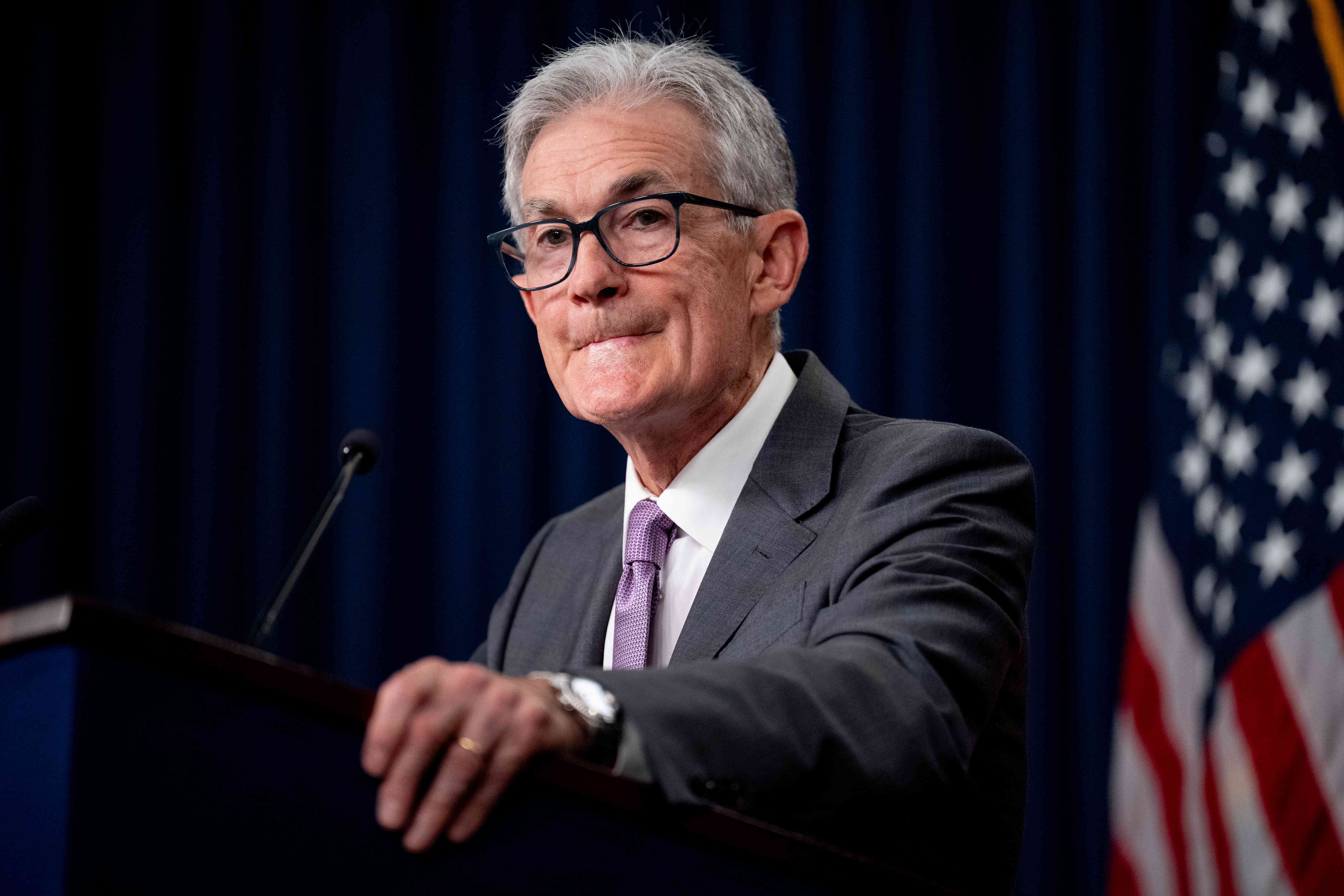 Federal Reserve Chairman Jerome Powell takes a question from a reporter at a news conference following a Federal Open Market Committee meeting at the William McChesney Martin Jr. Federal Reserve Board Building on July 31, 2024 in Washington, DC.