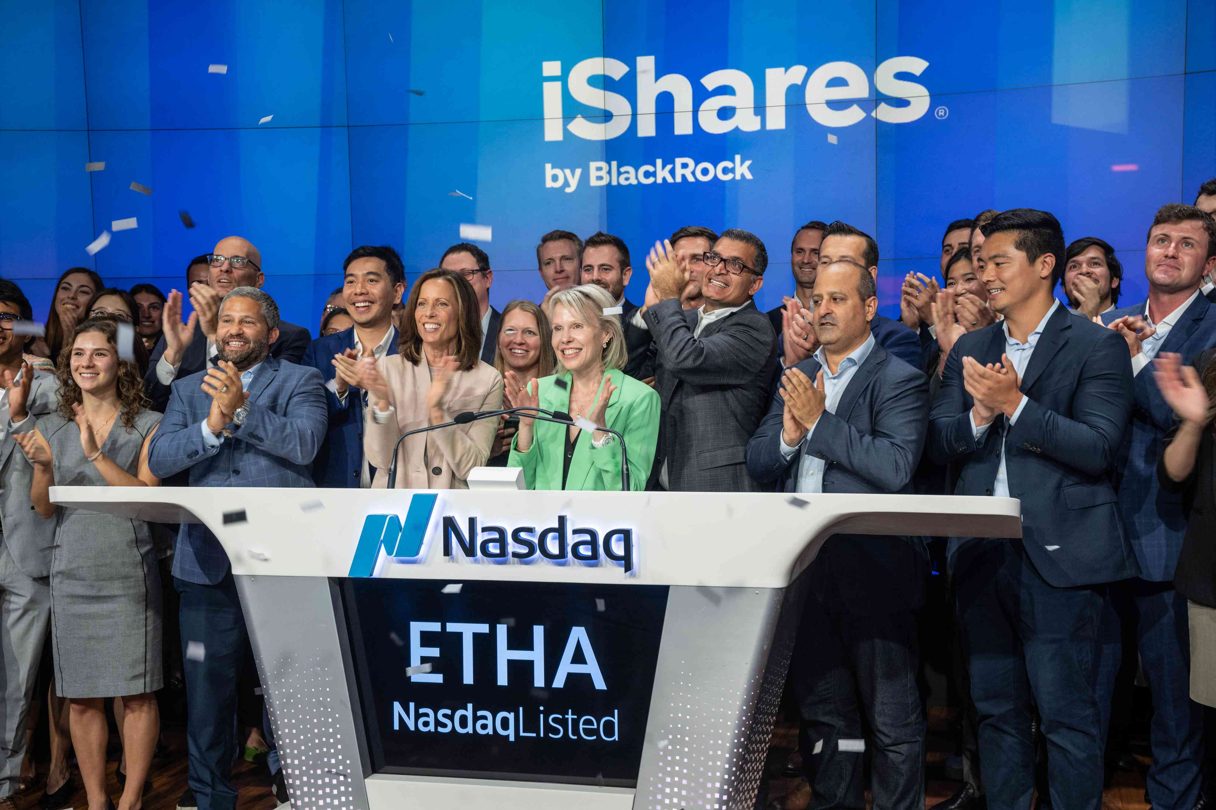 BlackRock execs ring closing bell on Nasdaq two days after iShares Ethereum Trust ETF (ETHA) was listed