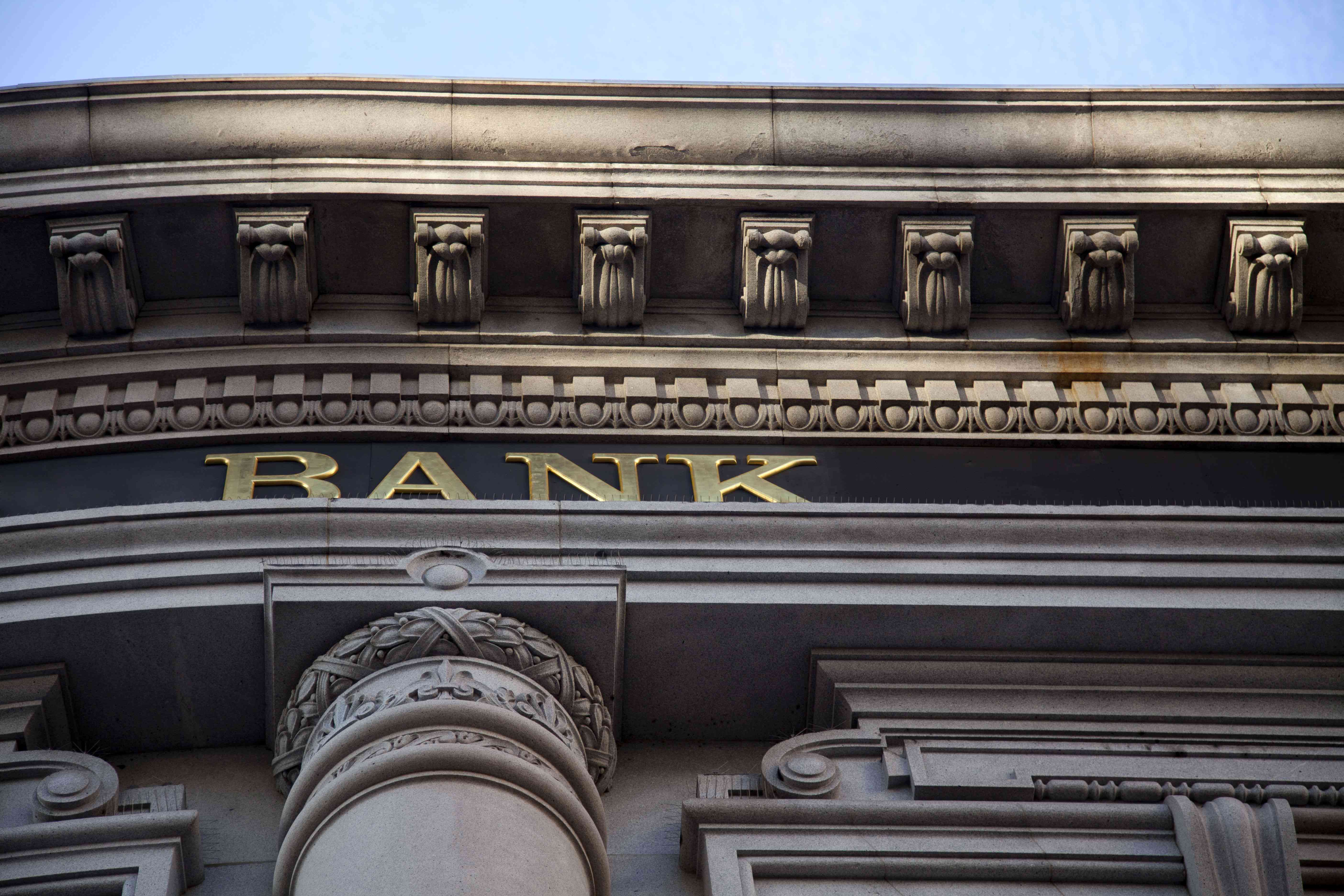 Ornate front of a bank building