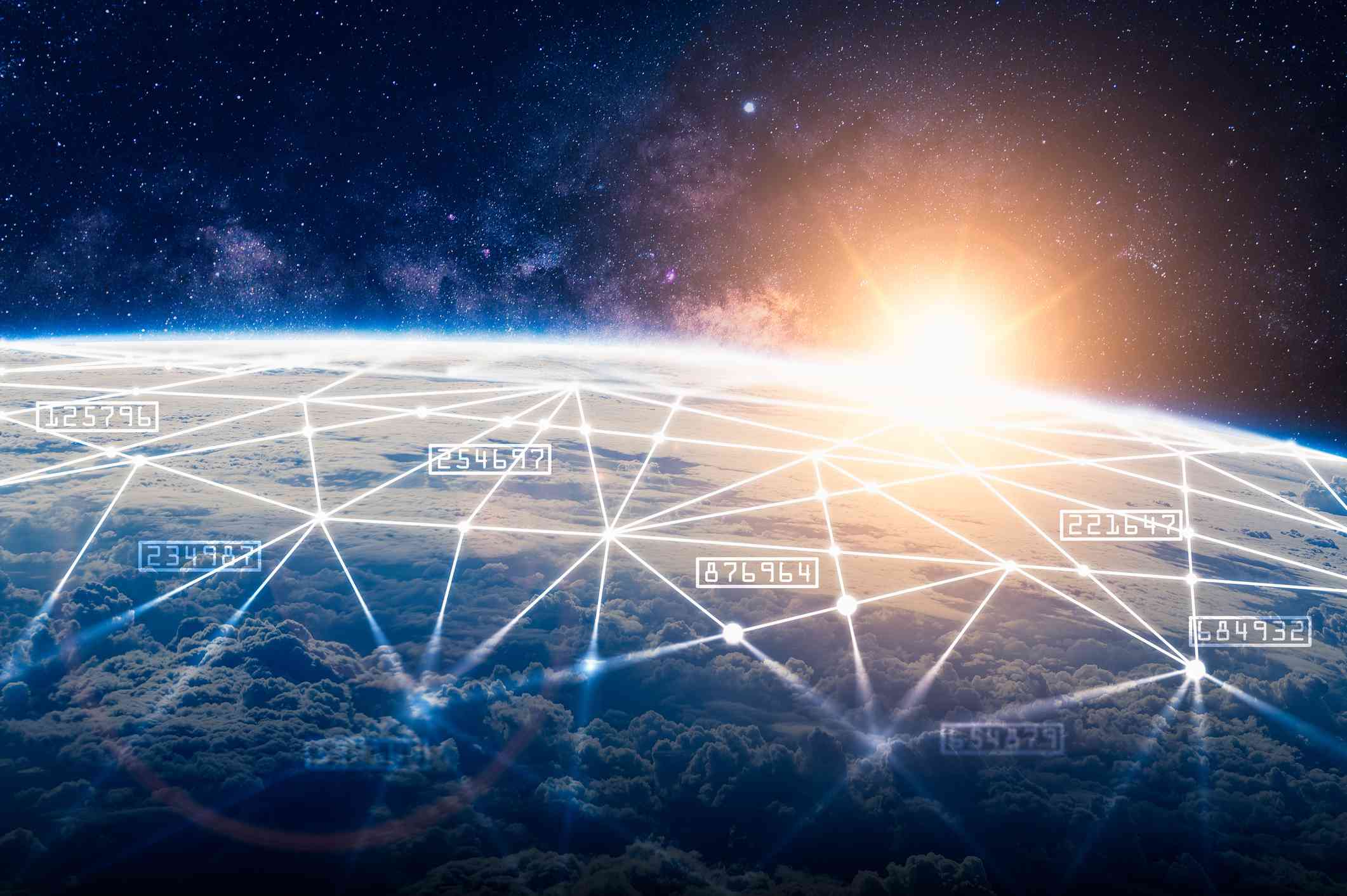 The skyline of the globe on the space overlay with network holograms.