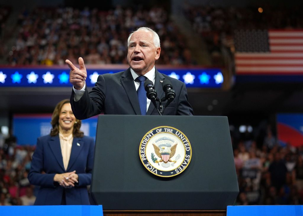 Democratic vice presidential candidate Minnesota Gov. Tim Walz speaks during a campaign rally with Democratic presidential candidate, U.S. Vice President Kamala Harris at the Liacouras Center at Temple University on August 6, 2024 in Philadelphia, Pennsylvania.