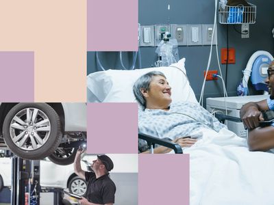 A collage shows a woman recovering in a hospital bed and another image shows a mechanic working on the underside of a car raised up on a garage lift.