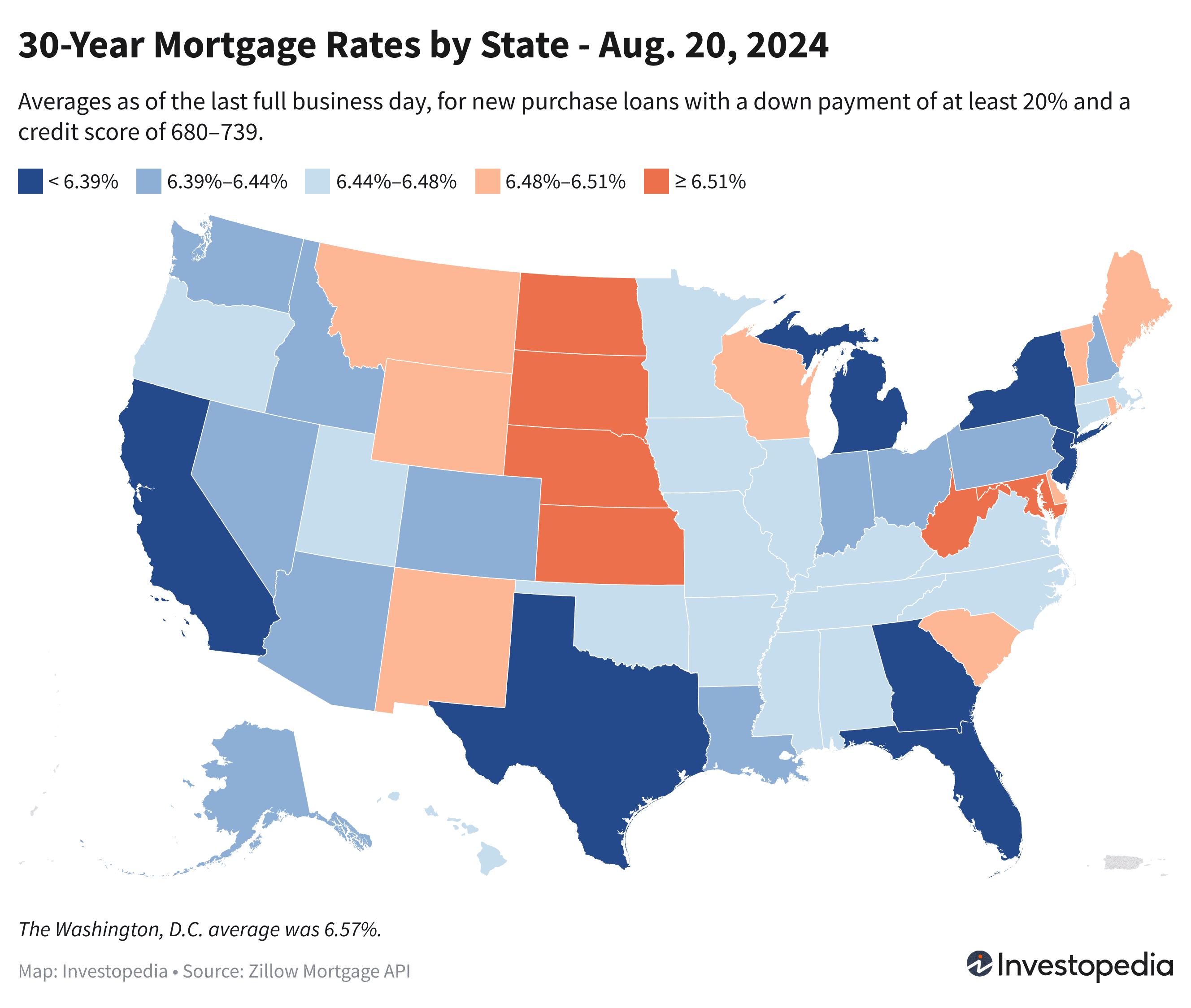 U.S. map showing the 30-year mortgage rates for every state - Aug. 20, 2024