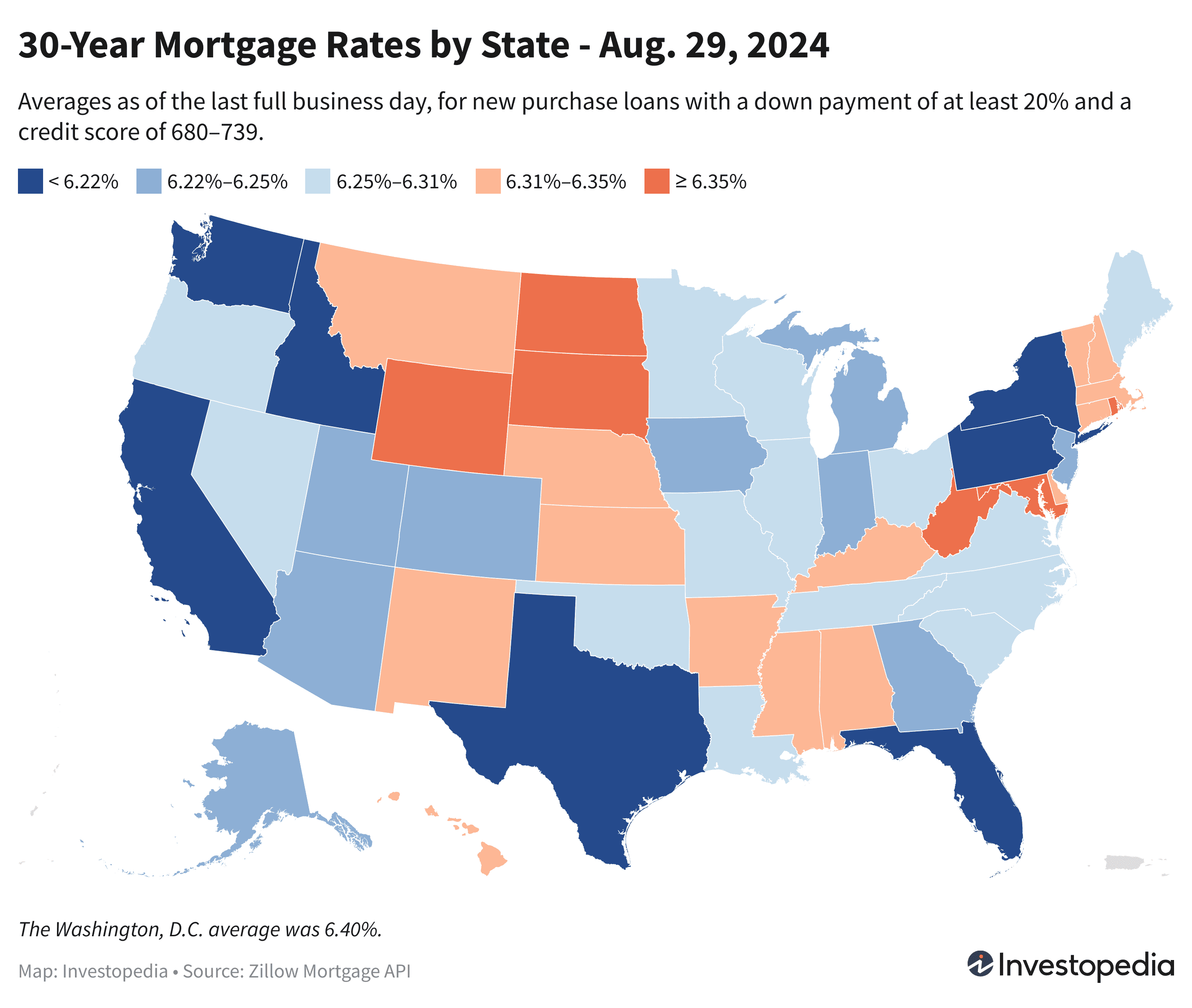 U.S. map showing the 30-year mortgage rates for every state - Aug. 29, 2024