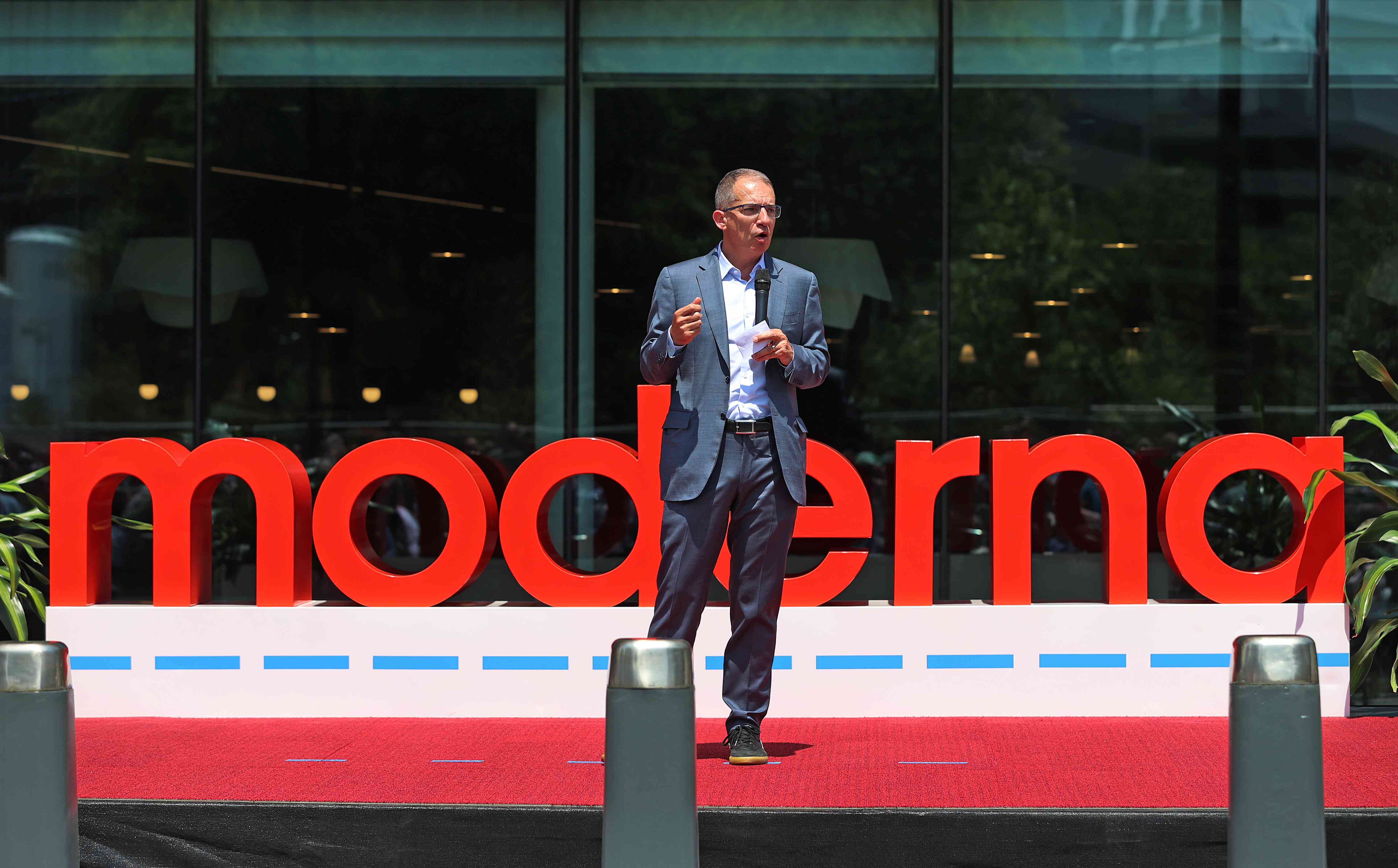 Moderna CEO Stephane Bancel at the grand opening of the company's new headquarters outside Kendall Square on June 26, 2024. 