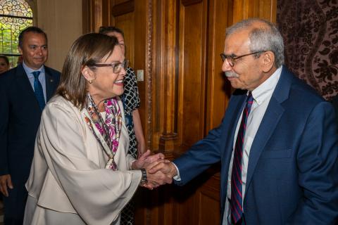 HE Ms Alexandra Hill Tinoco, Minister for Foreign Affairs of the Republic of El Salvador is welcomed by the President of the Court, HE Judge Nawaf Salam