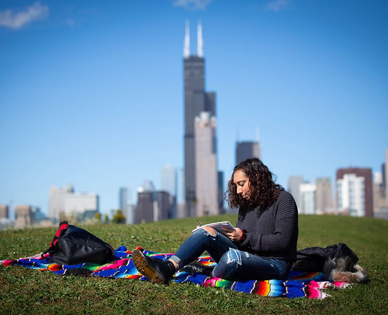 An Illinois Tech student reads at Tom Ping Park in Chicago near Mies Campus