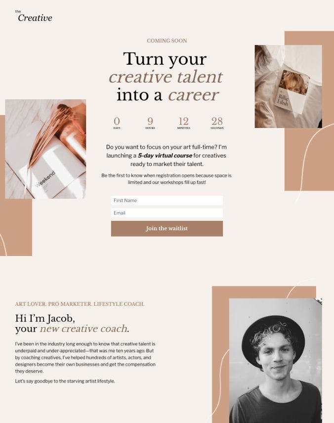 modern landing page template with form and countdown timer for a course waitlist