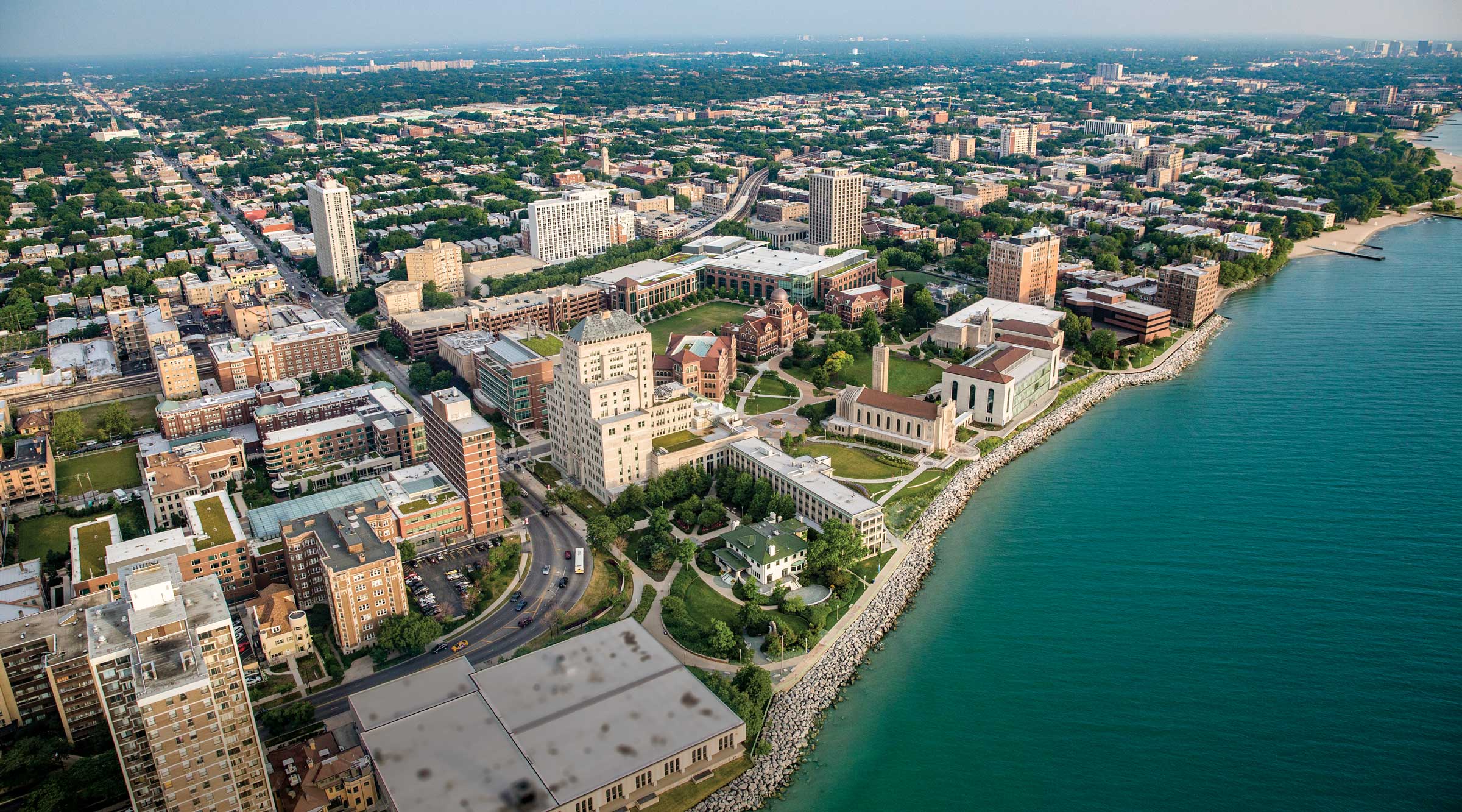 An aerial perspective of the Lake Shore Campus of Loyola University Chicago