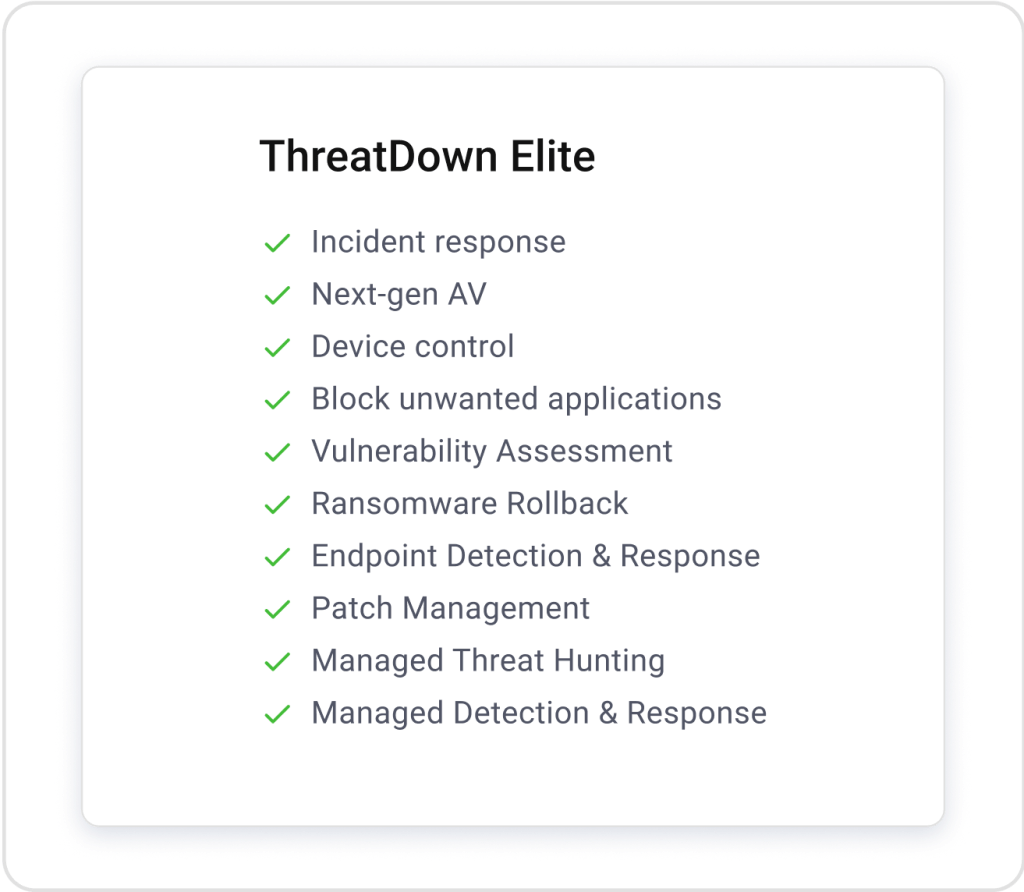 Quadrado branco com uma borda transparente. O interior lista os recursos do Threat Down Elite. Resposta a incidentes. Controle de dispositivos da próxima geração A V. Bloqueio de aplicativos indesejados e muito mais.