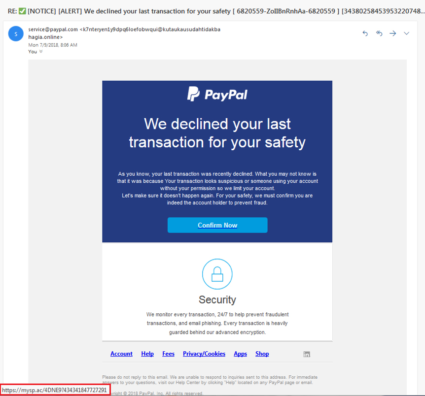 Фишинговое письмо от Paypal