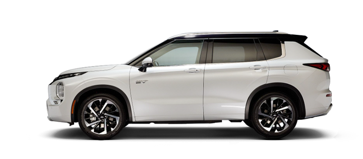 Side profile of a White Diamond 2025 Mitsubishi Outlander PHEV SUV