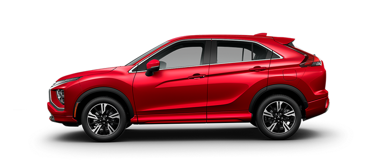 Side profile of a red diamond 2024 Mitsubishi Eclipse Cross SUV SEL trim