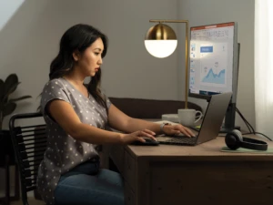 Woman sitting at a desk in front of a computer