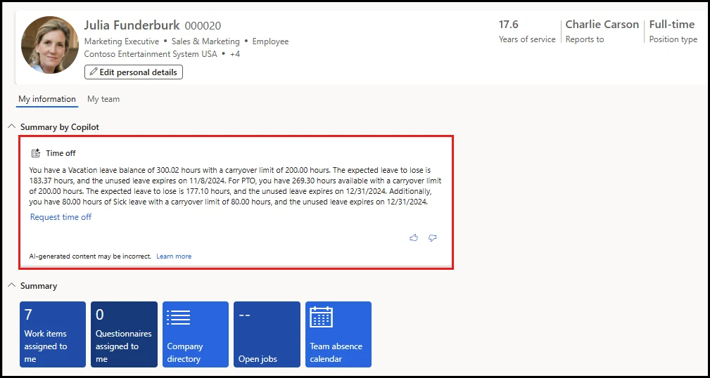 Screenshot of the Copilot employee workspace summary in Dynamics 365.