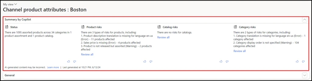 Screenshot of the Copilot merchandise workflow summary in Dynamics 365.