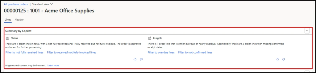 Screenshot of the Copilot purchase order summary in Dynamics 365.