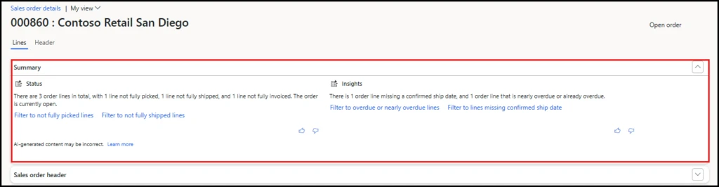 Screenshot of the Copilot sales order summary in Dynamics 365.