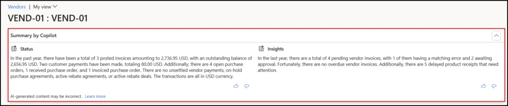 Screenshot of the Copilot vendor summary in Dynamics 365.