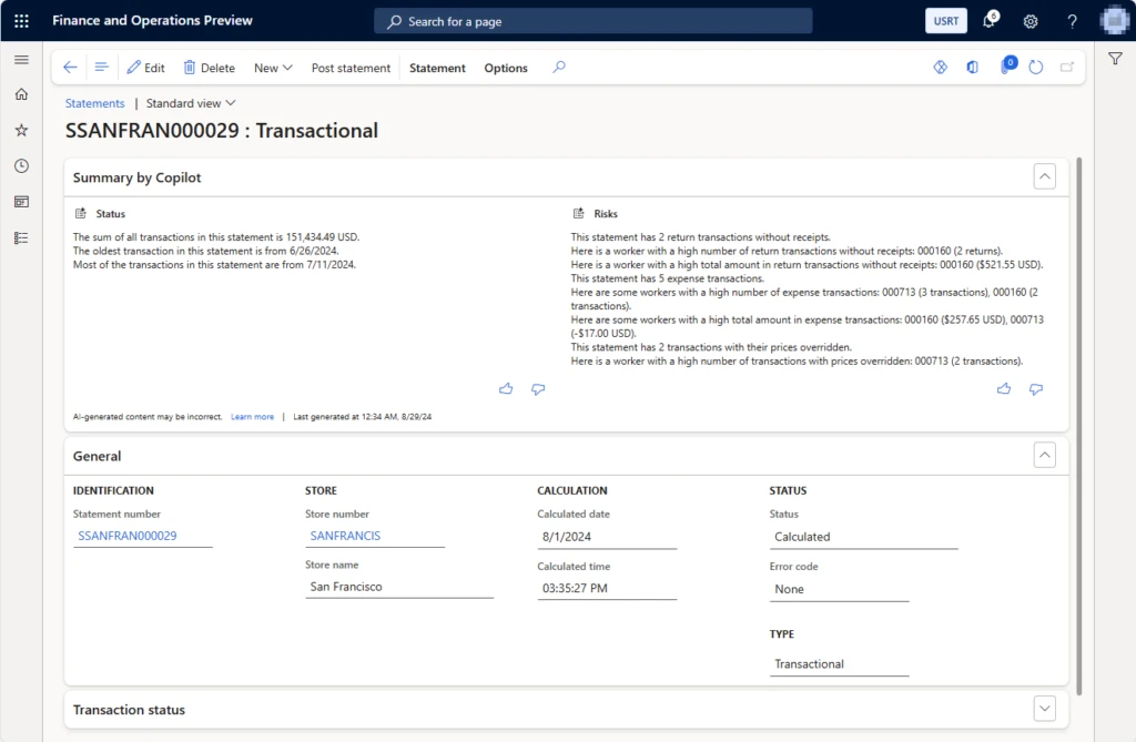 Screenshot of Copilot statement insights in Dynamics 365 Commerce.