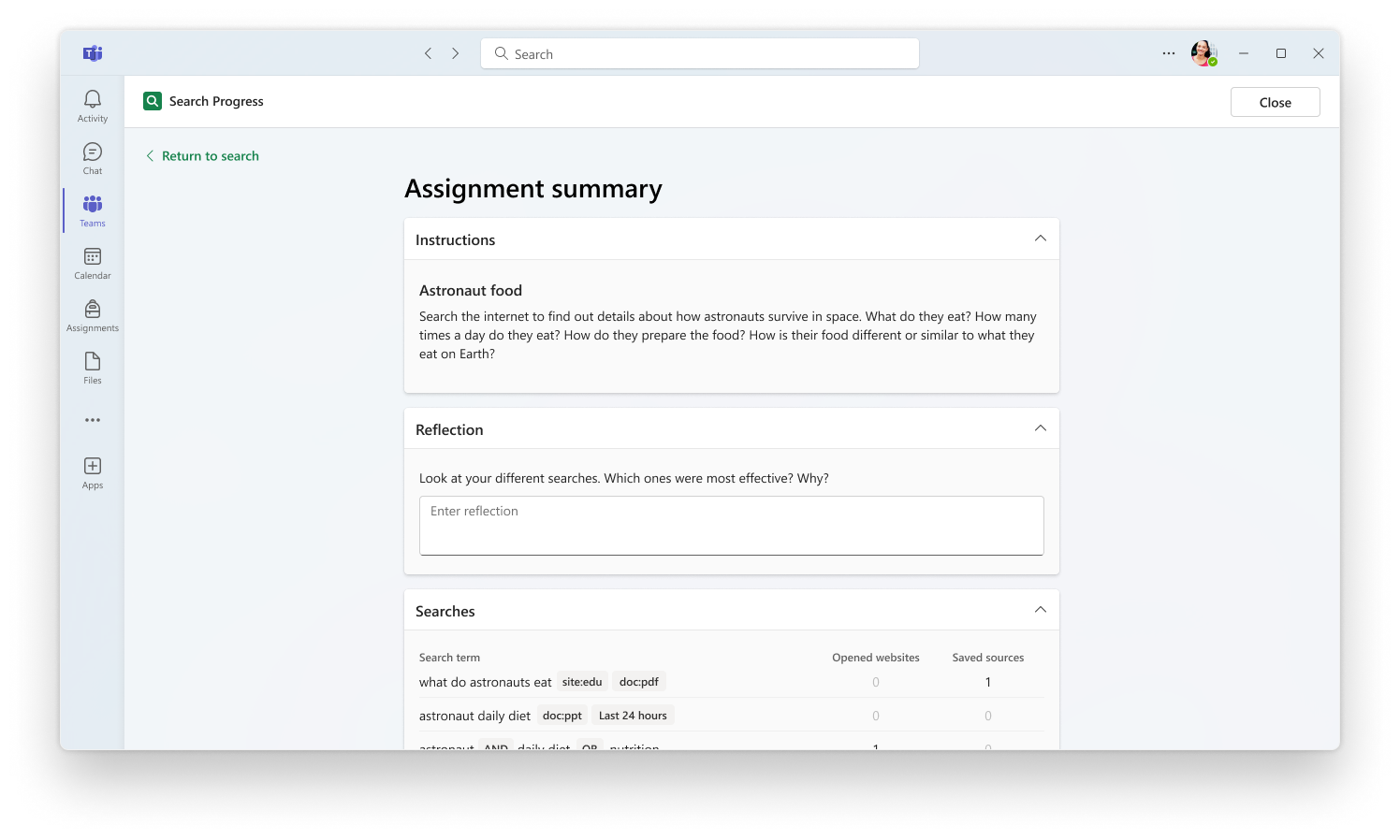 A student’s view of an assignment summary in Search Progress, with sections for instructions, reflection, and a list of searches.