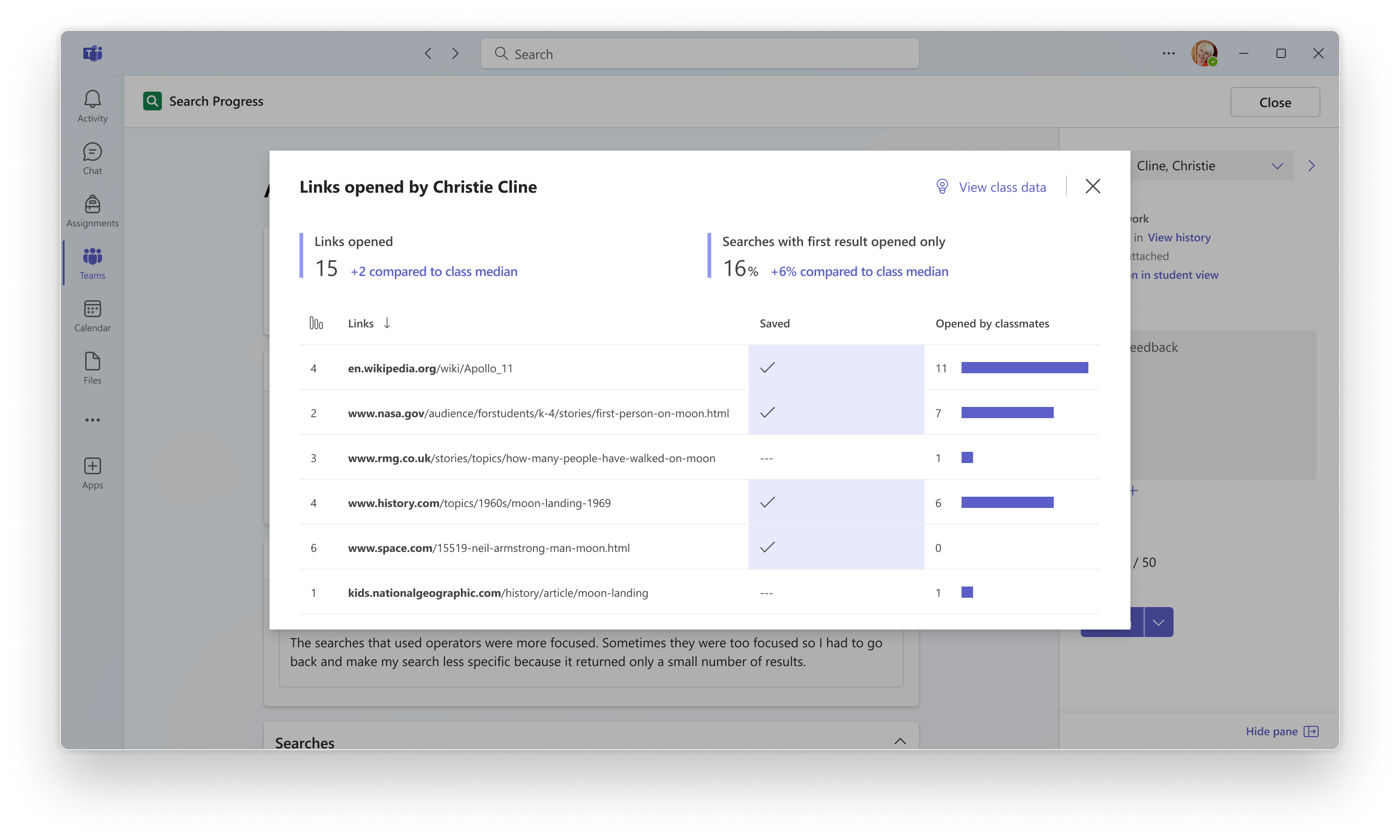 A teacher’s view of student-level data in Education Insights, including the number of links opened, searches with first results opened, and a list of links.