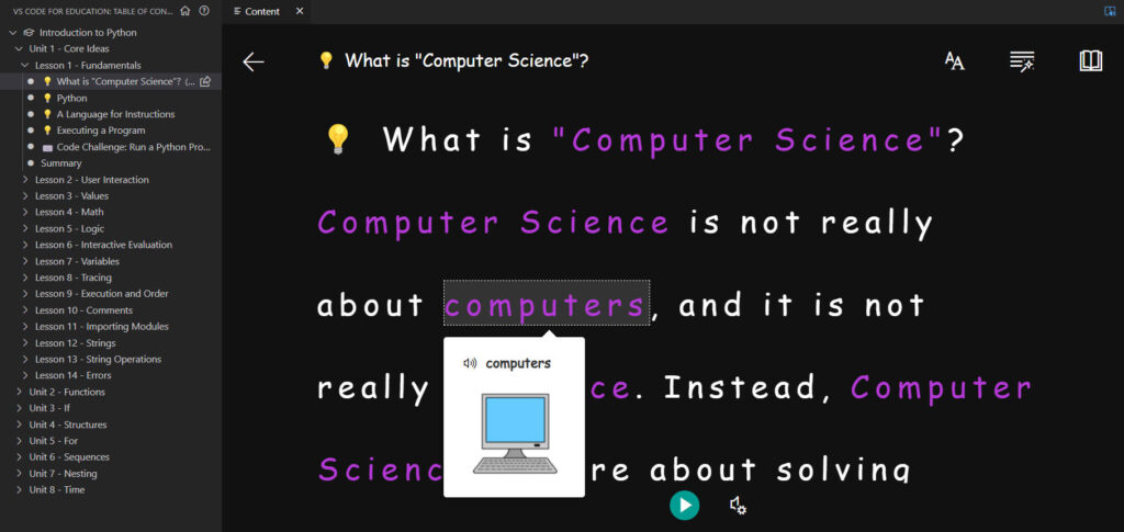 VS Code for Education immersive reader example.
