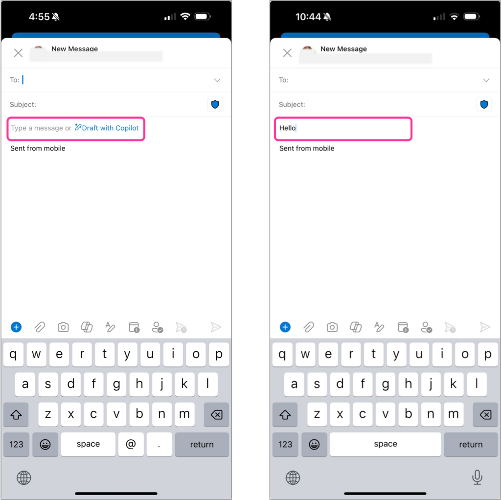 Two screenshots of Copilot in Outlook. In the first screenshot Draft with Copilot suggestion is displayed when the user first open a new message. In the second screenshot, the user types hello and the Draft with Copilot suggestion is not shown to user. 