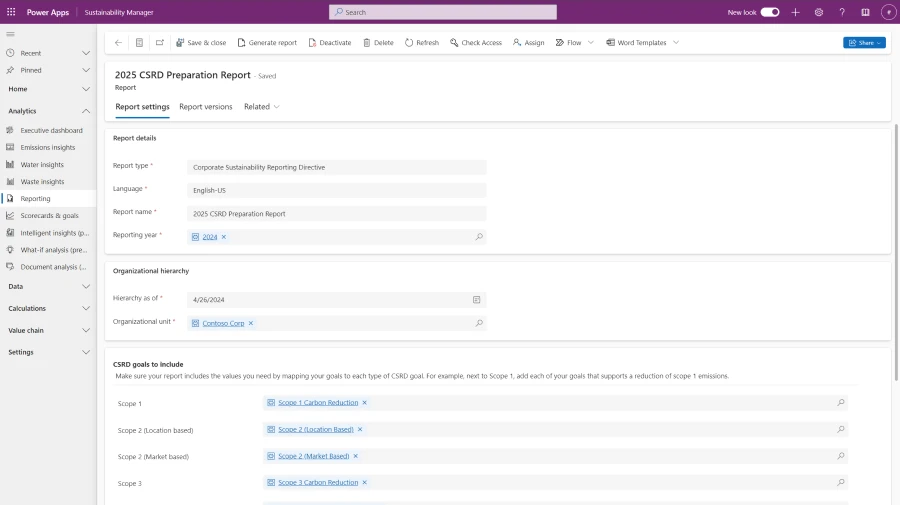 sample showing you can create a CSRD preparation report in Sustainability Manager that you can submit for review by public disclosure organizations.