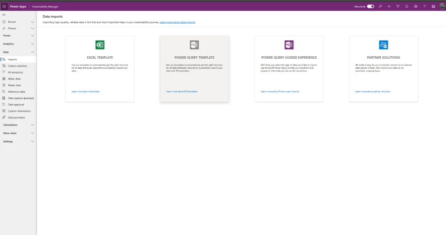 Screenshot showing where you can access Power Query templates within Microsoft Sustainability Manager to help you with Power Query data imports.