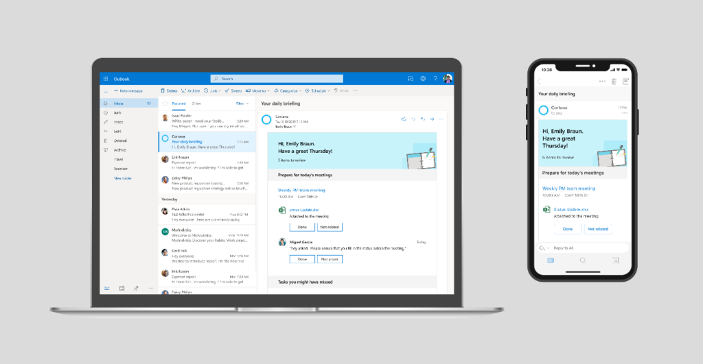 Cortana, Outlook on a laptop and phone