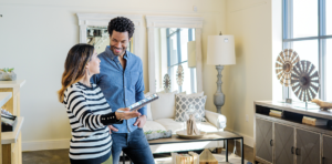 Image of a worker and a customer in a home furnishings store.