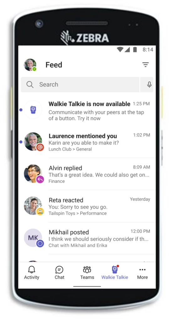 A Zebra mobile device showing Walkie Talkie in Feed.