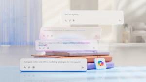 Microsoft Copilot text boxes with meeting prompts and text screens in front of a background of three stacked books.