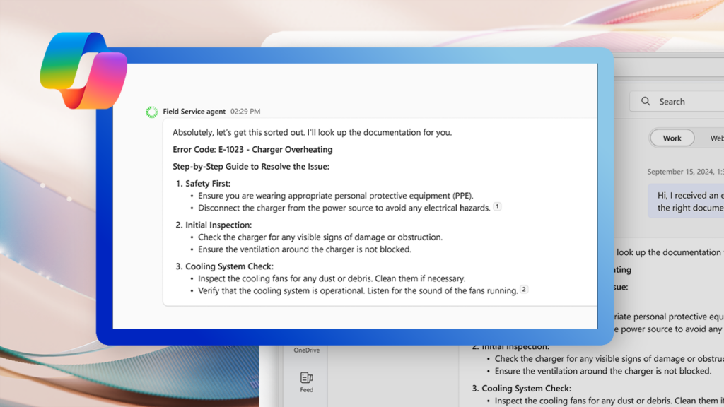 A screenshot pulled out to the forefront showing a Field Service agent in action in Microsoft 365 Copilot, providing an employee guidance on how to resolve an issue. The screen is also displayed on a computer monitor in the background. The image incorporates the Copilot logo and neutral colors in the background.