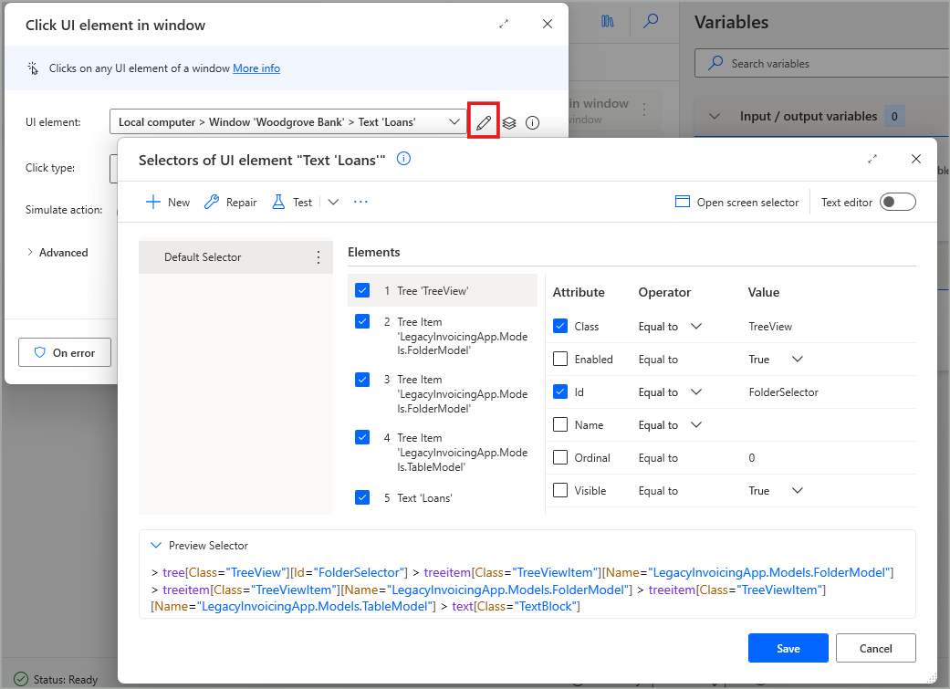 Selectors screen through action modal