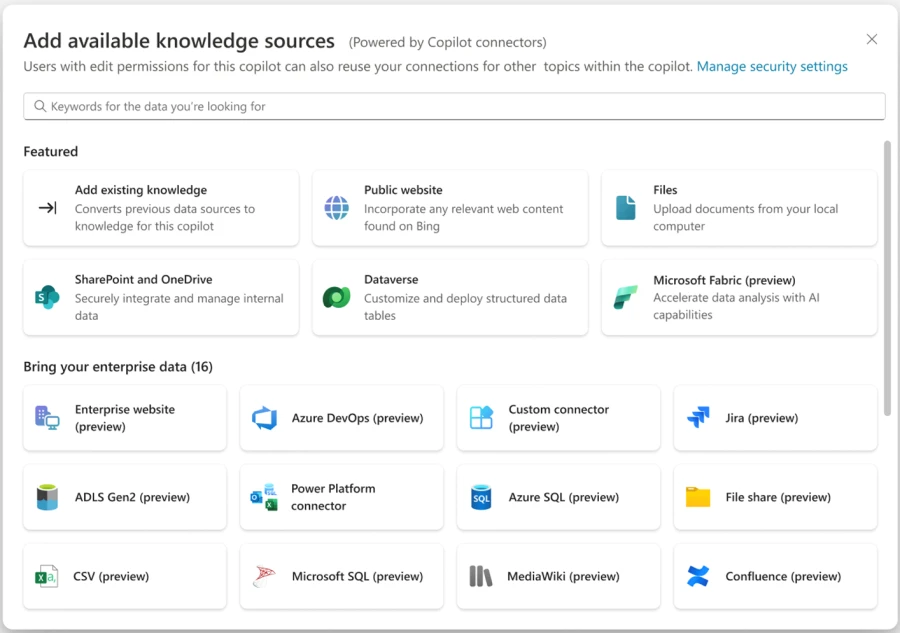 A screenshot of Copilot connector options allowing you to start with over a thousand out-of-box connectors to build your copilot and extend Microsoft Copilot with your business data, apps, and workflows with Copilot connectors in Copilot Studio.