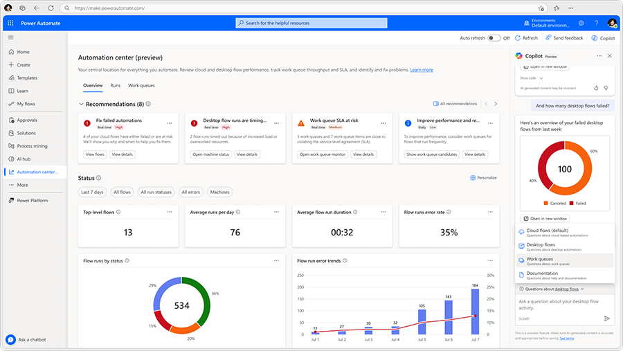 Alt text description: Screenshot of the automation center with a Copilot side panel that shows different skill choices, alongside a chart.