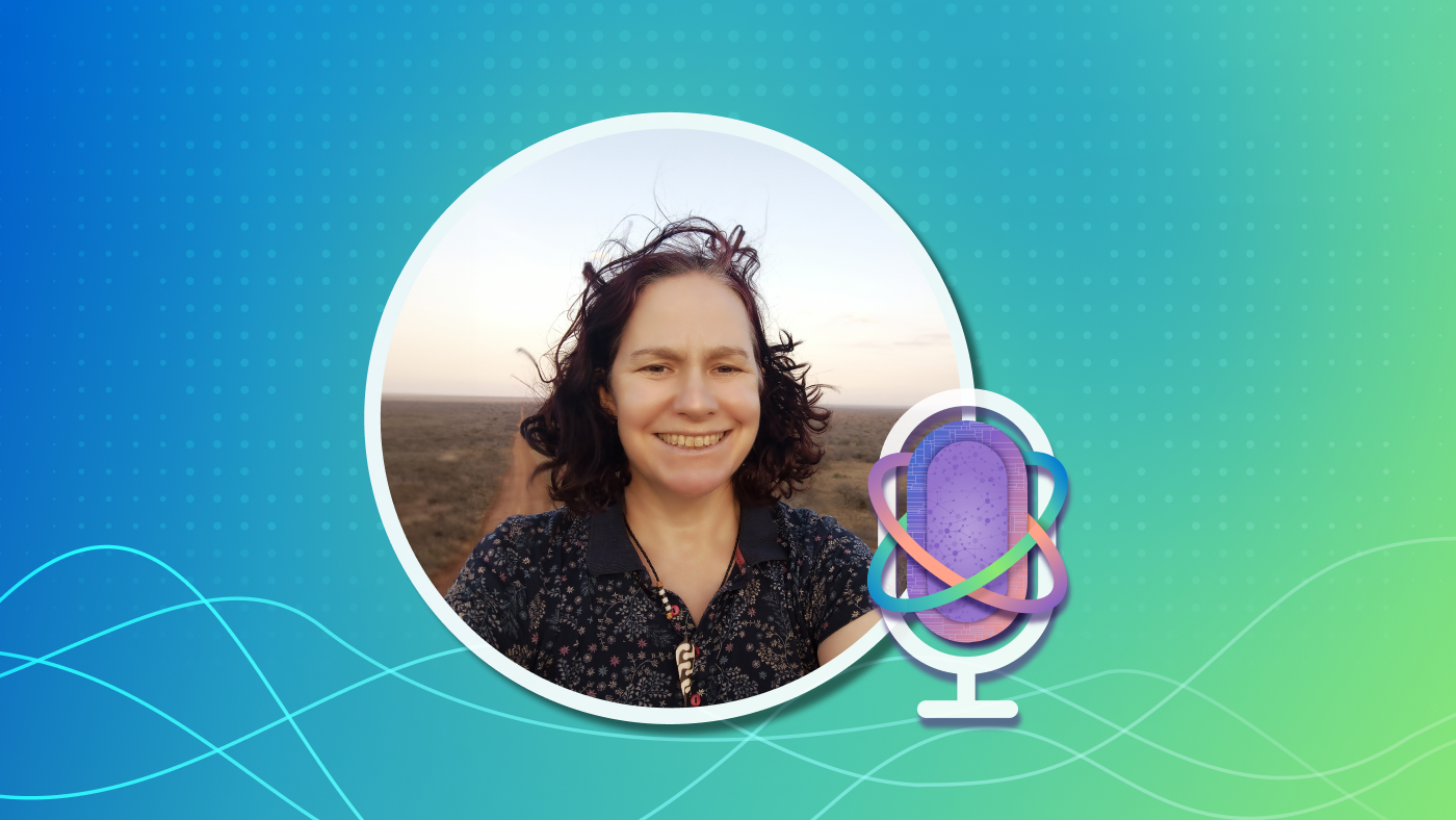 Circle photo of Jacki O'Neill, director of the Microsoft Africa Research Institute (MARI), with a microphone in the corner on a blue and green gradient background