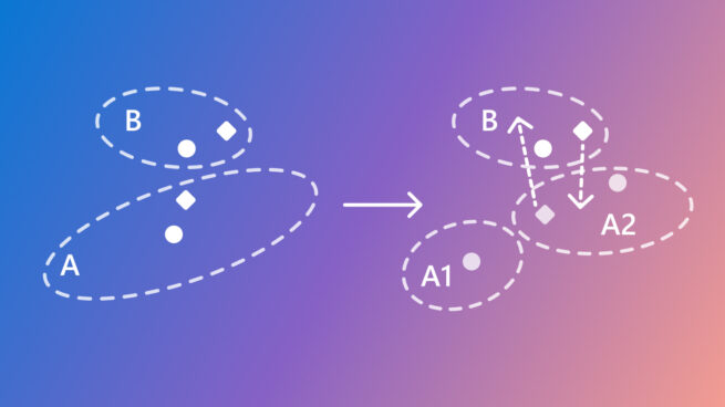 A diagram showing splitting vector partitions and reallocating vectors in partitions to adapt to changes in data distribution.